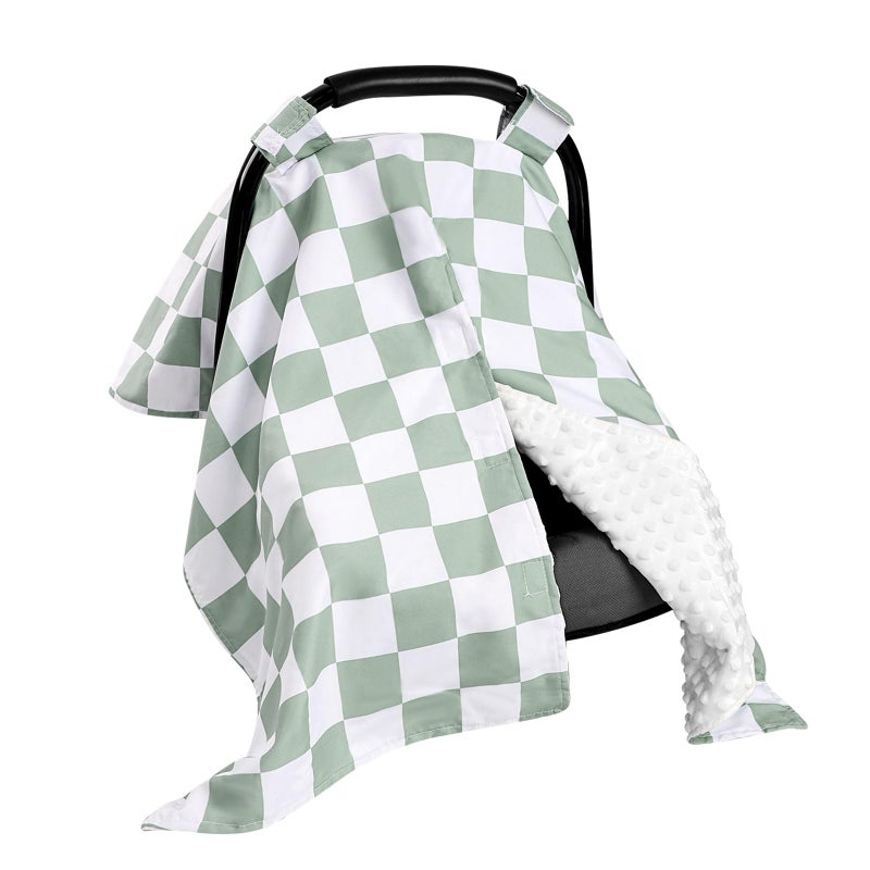 DILIMI Baby Car Seat Cover, Minky Warm Winter Car Seat Covers for Babies, Peekaboo Opening Infant Car Seat Cover, Nursing Cover Carseat Canopy, Green Checkered - Image 1
